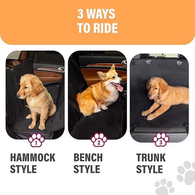 Active Pets Waterproof Hammock Standard Car Seat Cover, Fits Sedans Hatchbacks Crossovers Coupes Compact Vehicles, Secure Convertible Travel Bed Protects Backseat Cargo from Dogs, Black w/Orange Trim