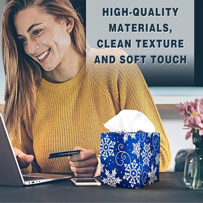 Tissue Box Cover Square Decorative Tissue Box Holder Cute Funny Cube Tissue Case Cover-Xmas Decor Snowflake Tissue Box Cover