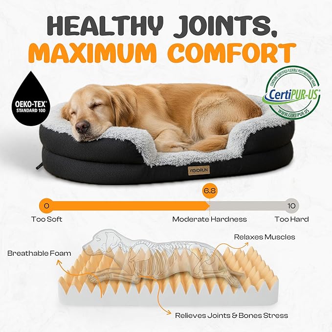 Miorun Fluffy Orthopedic Dog Bed for Large & Extra Large Dogs, Calming Plush Sofa Bed with Curved Bolster Support and Egg-Crate Foam Base, 43" Cozy Oval Pet Donut Bed with Washable Cover, Gray