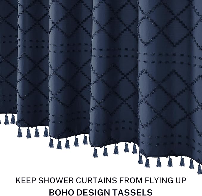 Siiluminisoy Navy Blue Shower Curtain Boho Shower Curtains Fabric, Tufted Chevron Textured Striped Modern Minimalist Cloth Shower Curtain for Bathroom, 72 x 72