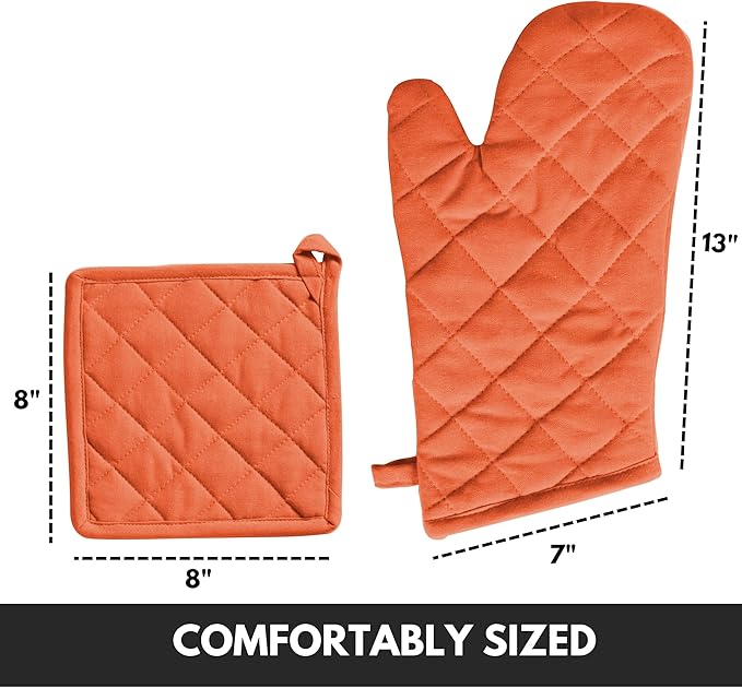 Oven Mitt (7"x13") & Pot Holder (8"x8") 100% Cotton Set of Heat Resistant Oven Gloves & Hot Pads for Gifts, BBQ, Cooking, Baking, Thanksgiving - Orange