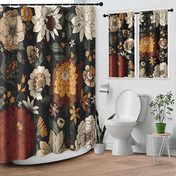 Culudea Boho Floral Black Shower Curtain Set, Vintage Flower Peony Plant Bathroom Window Waffle Textured Cloth Waterproof Shower Curtains for Bathroom Decor