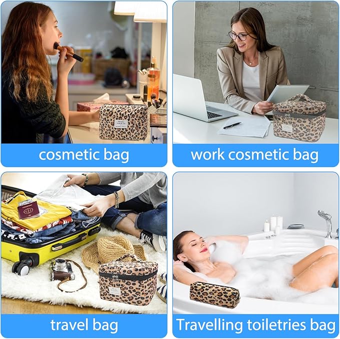 Cozomga Quilted Makeup Bag, Large Capacity Travel Cosmetic Bag for Women and Girls, Aesthetic Storage for Daily and Travel Use (3pcs-Classicleopard)