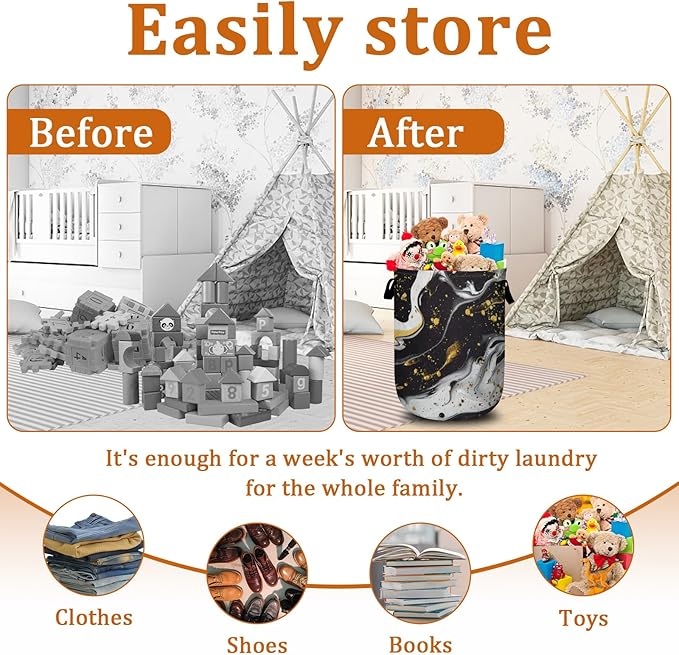 Black White Marble Laundry Basket with Sturdy Handles, Collapsible Oxford Cloth Laundry Hamper Organizer Basket for Bathroom Bedroom 15.7x20 Inch