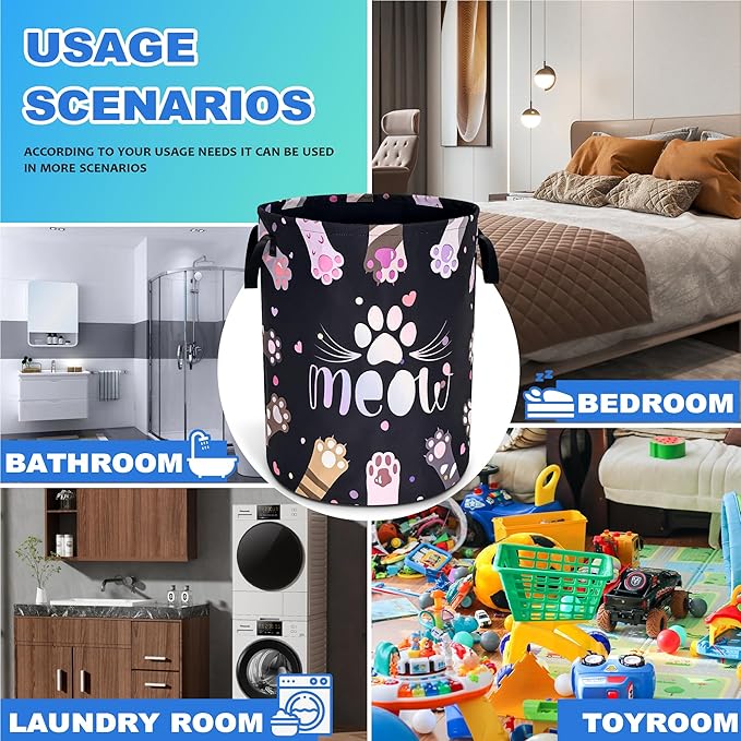 Cat Paw Prints Laundry Basket Meow Pet Oxford Cloth Laundry Hamper With Handle Foldable Portable Clothes Storage Basket 18.9 X 16.5 Inch Storage Bag For Laundry Room/Bathroom/Bedroom/Dormitories