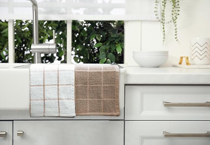 Mellow Buff 100% Cotton Terry Dish Cloth & Dish Towel, 6 Pack, Super Soft and Absorbent Kitchen Towels, Perfect for Kitchen Cleaning and Dish Washing (TAN (Solid and Checks) 8 Pack)