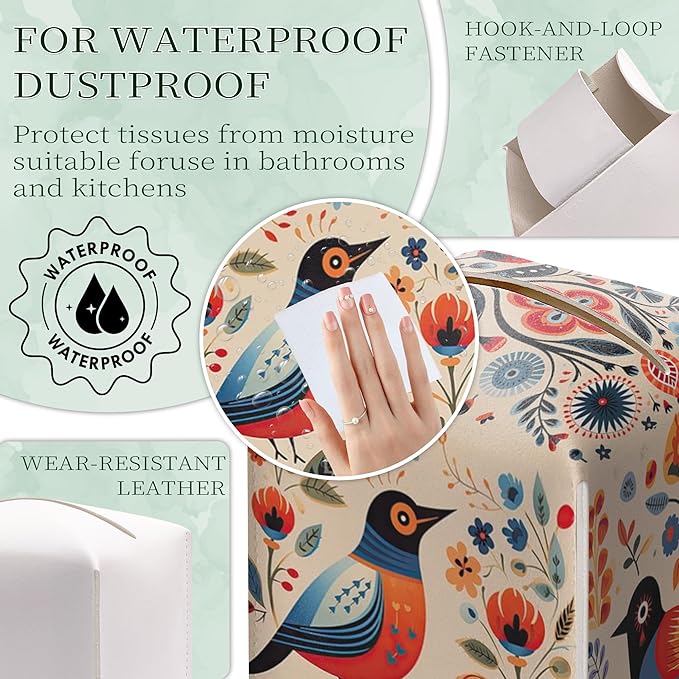 Scandinavian Tissue Box Holder, Floral Bird Leather Tissue Box Cover Square, Paper Napkins Everyday Dispenser for Bathroom Vanity Countertop Night Stands Kitchen Office Car Home Decor