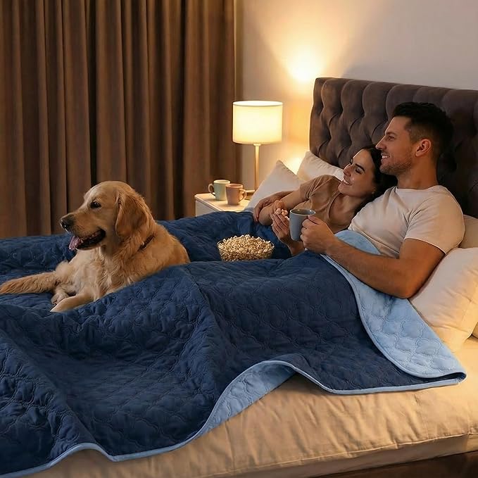 FunFurry Waterproof Dog Blanket, Couch Cover for Dogs Washable, Reversible Dog Bed Cover, Couch Furniture Protector. (Dark＆Light Blue, 52 X 82 Inch - 1 Pack)