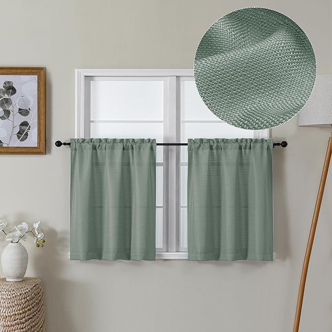 Lecloud Bessie Sage Green Kitchen Curtains 24 Inch Length 2 Panels Set, Faux Linen Cafe Short Curtains with Dual Rod Pocket, Window Curtain Tiers for Living Room/Bathroom, Each 30 W x 24 L