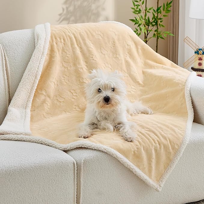 Qeils Pet Blankets for Cats - Waterproof Cat Blanket Washable - Sherpa Fleece Puppy Blanket, Soft Plush Reversible Throw Protector for Bed Couch Car Sofa, 30"X40", Khaki