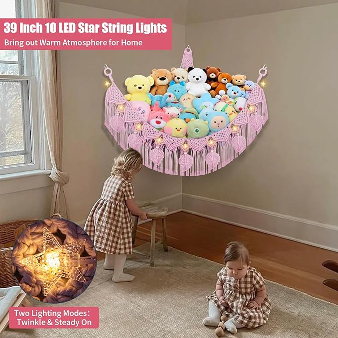 Stuffed Animal Storage Hammock Corner, 56'' Large Stuffed Animal Net Organizer for Teddy Plush Nursery Decor, Boho Macrame Leaf Toy Holder, Light Pink Toy Net w/ LED Star Light for Kid Girl Gift