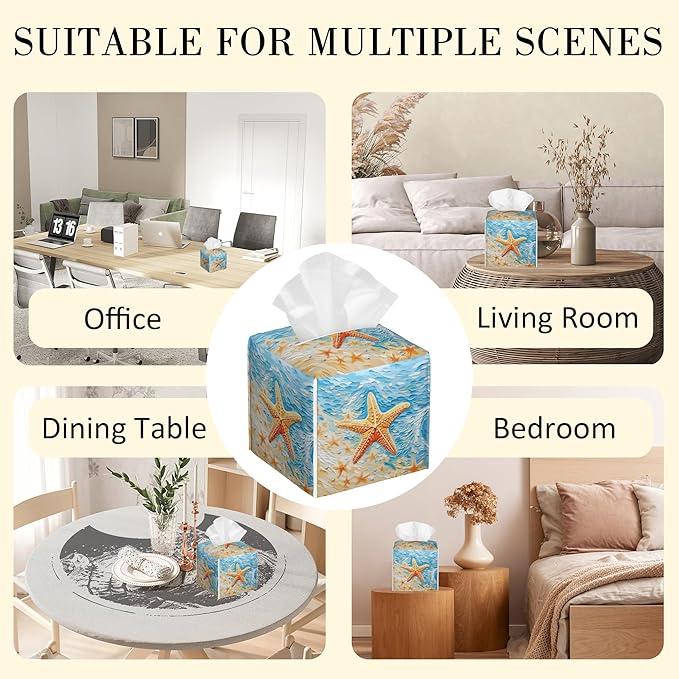 POIUBLE Tissue Box Holder Beach Starfish Tissue Box Cover Square Leather Tissue Holder Organizer Portable Decorative Facial Paper Case for Home Office Bathroom Vanity Countertop