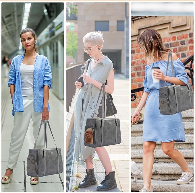 Lasaviin Fashion Dog Purse Pet Carrier Leather Bag for Small Dogs Cats Puppy, Portable Tote Bag Airline Approved Soft-Sided Carriers (Grey)