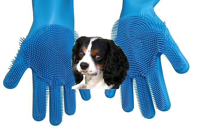 Tesmarks Pet Grooming Gloves - Hair Removal, Massage, and Bathing Shampoo Gloves in Blue