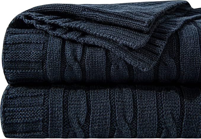 NTBAY 100% Pure Cotton Cable Knit Throw Blanket, Super Soft Warm 51x67 Knitted Throw Blanket for Couch, Sofa, Chair, Bed - Extra Cozy, Machine Washable, Comfortable Home Decor, Navy