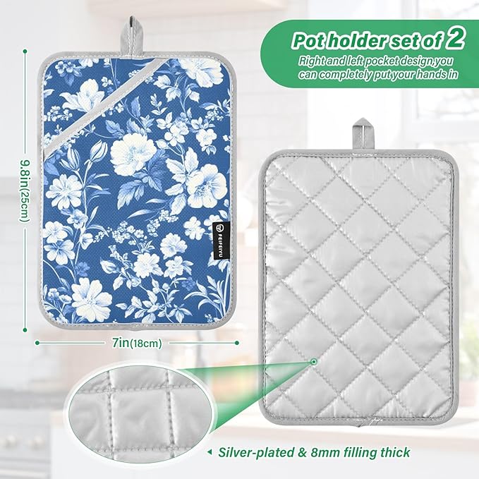 Pot Holders Set of 2 Blue Flower Hot Pads for Kitchen Heat Resistant Potholders Sets for Kitchen and Baking 7x9.8in