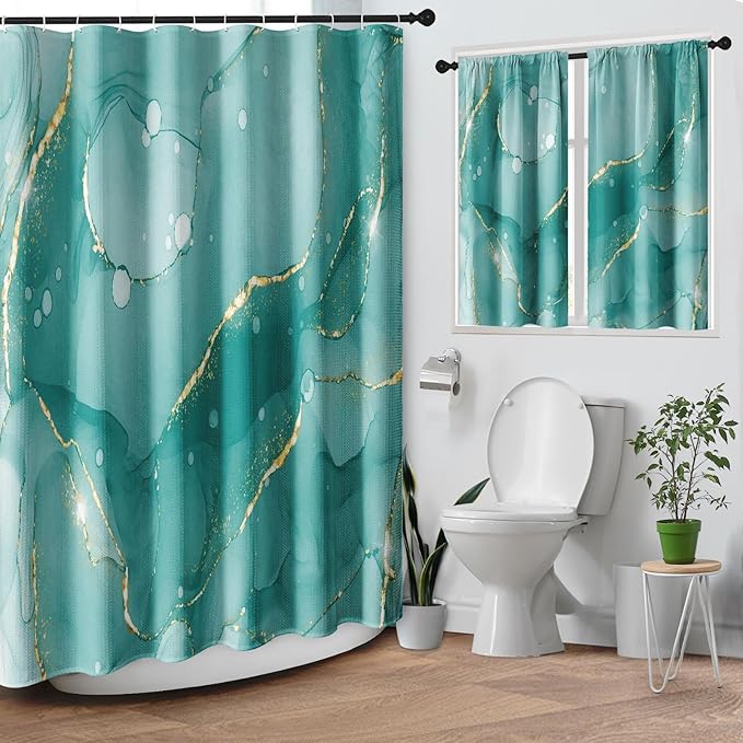 Culudea Mint Green Marble Gold Shower Curtain Set, Teal Turquoise Blue Abstract Bathroom Window Waterproof Shower Curtain Set for Bathroom Decor
