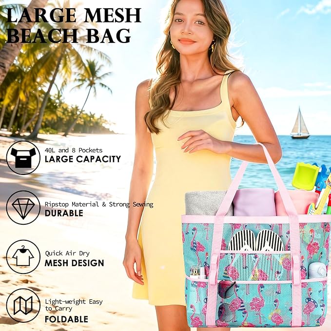 Fammart Mesh Beach Bag, Large Beach Tote with Zipper Pocket for Family Pool Bag for Toys & Vacation Essentials