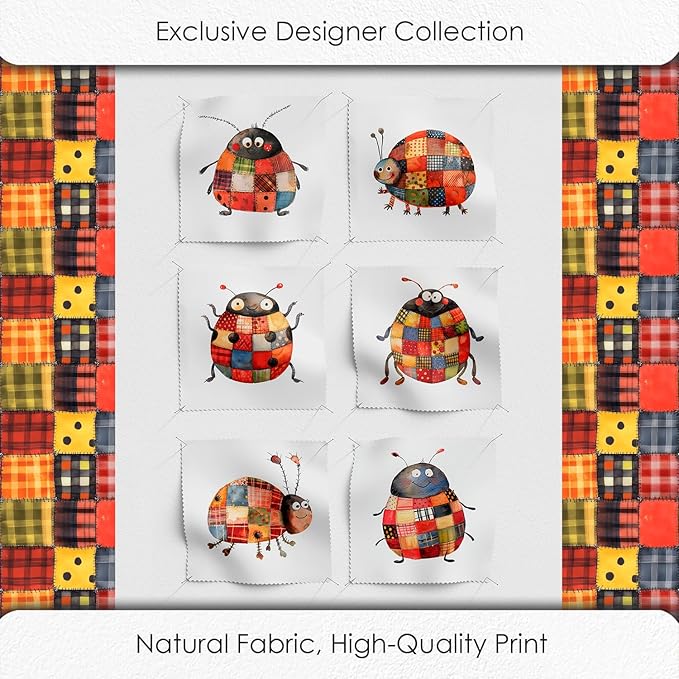 Patchwork Ladybug Cotton Fabric Panel – 6 Designs (10×10 inch Each) + Bonus Sheet 29.5×19.6 inch, 100% Cotton 140 GSM, Made in Türkiye