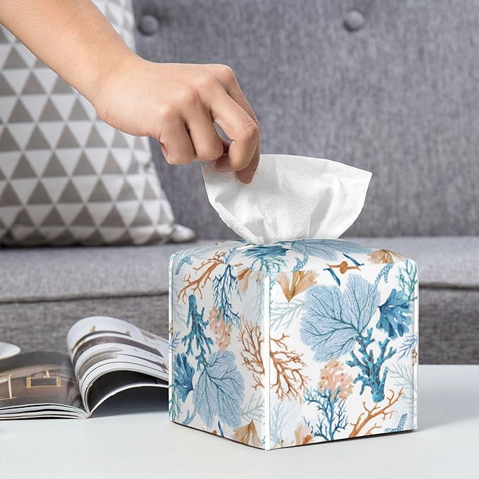 POIUBLE Tissue Box Holder Watercolor Blue Corals Tissue Box Cover Square Leather Tissue Holder Organizer Portable Decorative Facial Paper Case for Home Office Bathroom Vanity Countertop