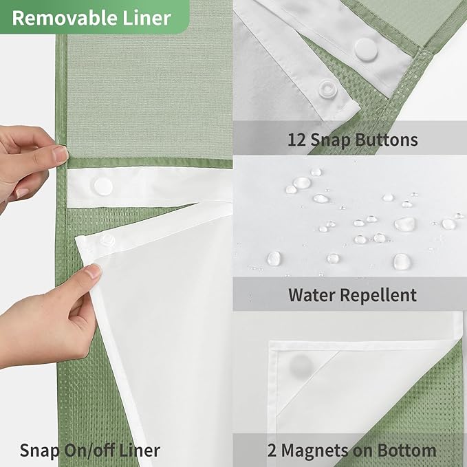 eachope Extra Long No Hook Shower Curtain with Snap-in Fabric Liner Set,Sage Green Waffle Weave Shower Curtains for Bathroom,Hotel Luxury Decor Bathroom Curtain Set,Waterproof & Washable,71Wx86H