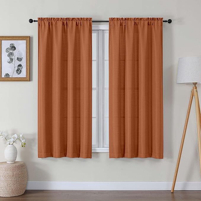 Lecloud Bessie Orange Curtains 63 Inch Length 2 Panels, Light Filtering Curtains for Bedroom, Faux Linen Textured Rod Pocket Curtain Drapes, Window Treatments for Living Room, Each 40 W x 63 L