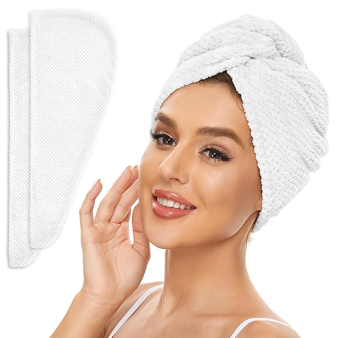 SimpleField 2 Pack Microfiber Hair Towel Wrap for Women, Anti Frizz Quick Drying Hair Turban for All Hair Style, Absorbent and Lightweight (Bright White)