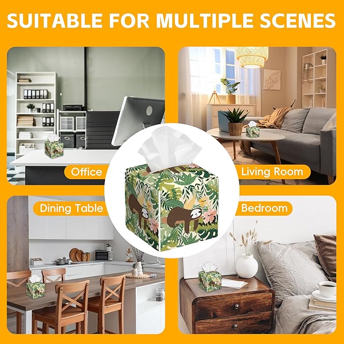 Cute Sloth Tissue Box Cover Square,Jungle Leaves Tissue Box Holder with Belt Bottom,Stylish Leather Napkin Holder for Vanity Countertop,Nightstands,Office Desk,5.2"×5.2"×5.2"