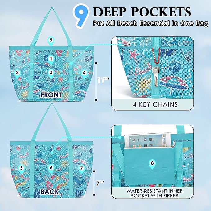 Fammart Mesh Beach Bag, Large Beach Tote with Zipper Pocket for Family Pool Bag for Toys & Vacation Essentials