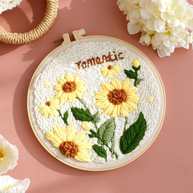 Allazone 3 Set Punch Needle Embroidery Kits, Punch Needle Kits for Adults Beginner with Sunflower Pattern, Instruction, Plastic Hoop, Yarn and Embroidery Handle Needle Pen