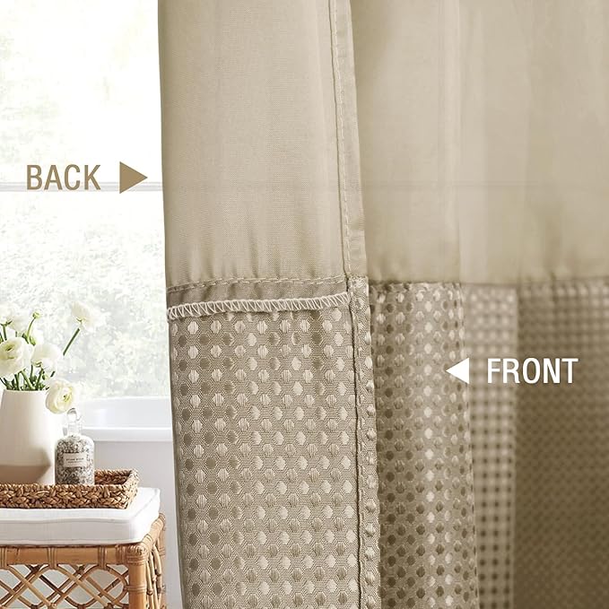 Gibelle Waffle Weave Shower Curtain with Mesh Top Window and Hooks Set, Spa Like Hotel Style Fabric Shower Curtain for Bathroom, Beige, 72x72
