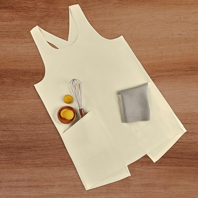 Solino Home Cross Back Linen Apron with Pockets for Gardening, Kitchen - Creamy Ivory Pinafore Smock Apron 100% Pure Linen for Men & Women - Handcrafted from European Flax
