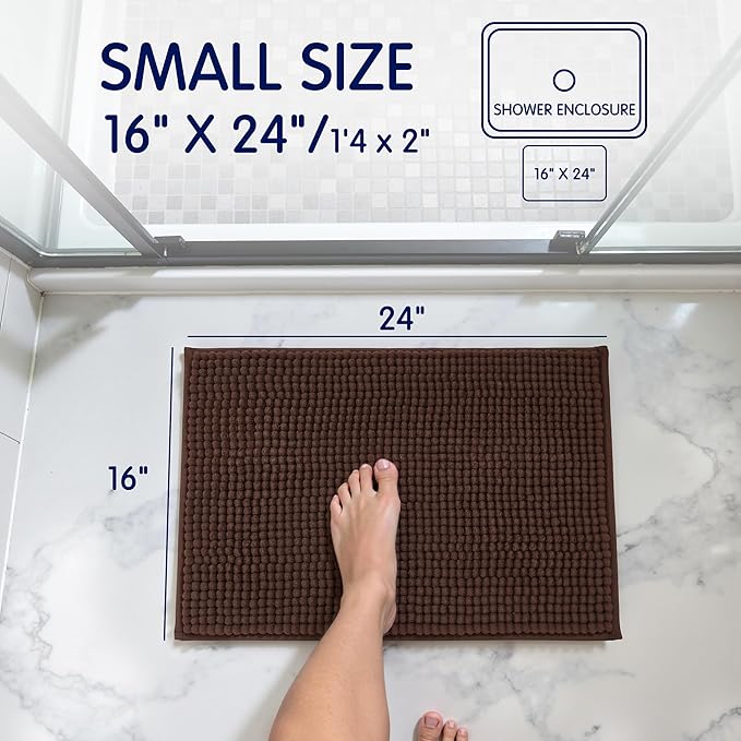 SUBRTEX Bathroom Rugs Chenille Bath Rug Soft Short Plush Bath Mat Soft Shower Mat Water Absorbent Shower Mat Quick Dry Machine Washable(Chocolate,16" x 24")
