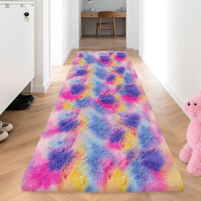 Pink Rainbow Rug for Girls Bedroom Bedside 3x10 ft, Soft Fluffy Plush Runner Carpet Shag Kids Area Rug for Little Girls Room, Cute Colorful Rug Runner for Hallway Nursery Living Room