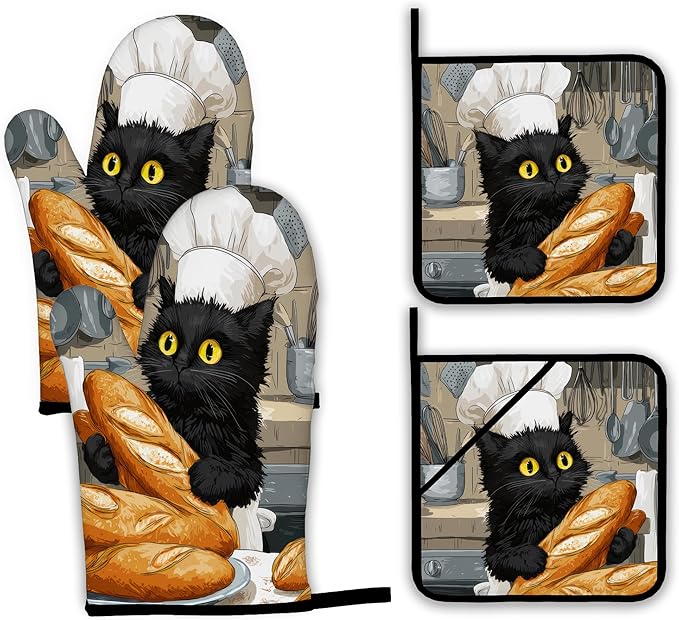 Cute Black Cat Oven Mitts and Pot Holders Set,Chef Kitchen Decor Heat Resistant Non Slip Hot Pads and Oven Mitt for Chef Cooking Baking BBQ Mom Girl Gifts(4 Piece Set)