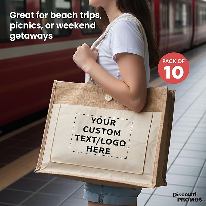 DISCOUNT PROMOS Custom Jute Tote Bags with Cotton Pocket Set of 10, Personalized Bulk Pack - Reusable, Great for Picnic, Camping, Beach, Outdoor Activities - Natural