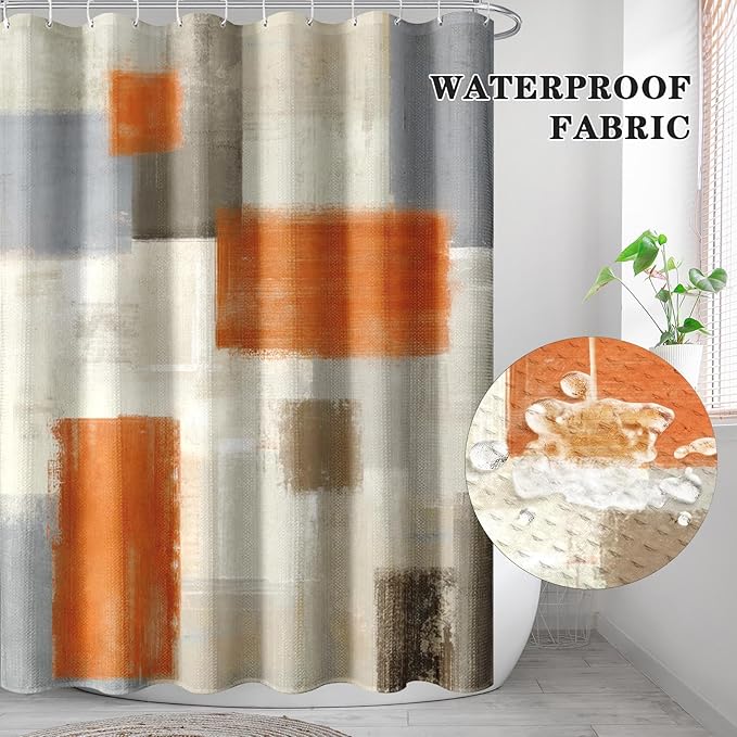 Culudea Beige Orange Painting Shower Curtain Set, Grey Contemporary Modern Bathroom Window Waterproof Shower Curtain Set for Bathroom Decor