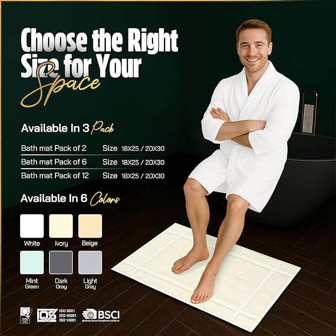 Pearl Linens Pack of 6 100% Cotton Bath Mat 18x25 inches, Soft & Absorbent Quick Dry Bathroom Mat Set, Not Bathroom Rugs, After Shower Mat, Bath Tub Mat, 687 GSM, Machine Washable, Ivory