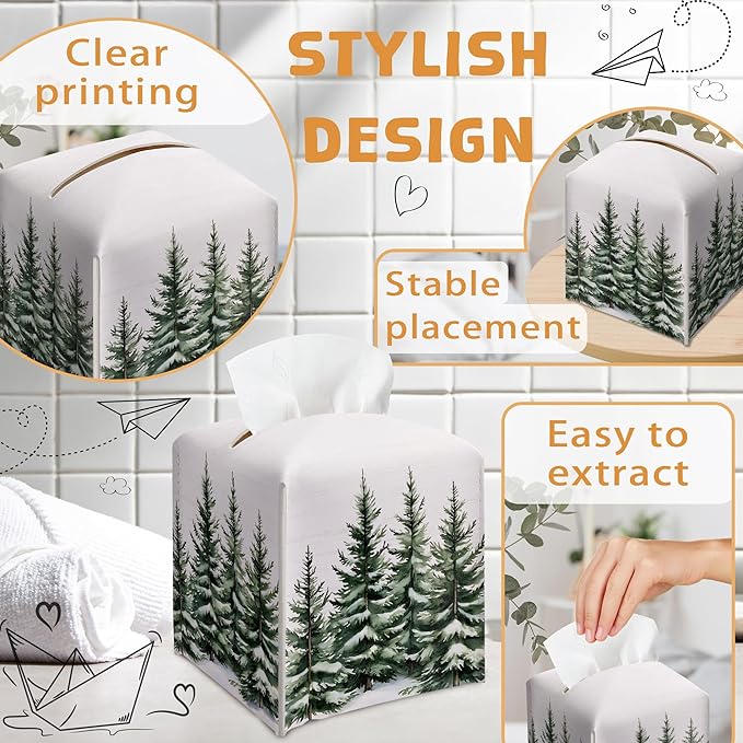 Winter Pine Tree Tissue Box Holder, Leather Tissue Box Cover Square with Bottom Belt, Paper Facial Decorative Tissues Cover for Night Stands Bathroom Kitchen Office Home Decor-B23