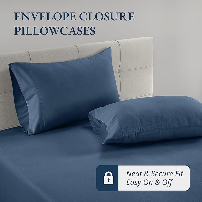 LANE LINEN 100% Organic Queen Size Fitted Sheet(+Pillowcases), Soft & Comfy Fully Elasticized Naturaly Temperature Regulating for Hot Sleepers Deep Pocket Fits Mattress Upto 15"- Estate Blue