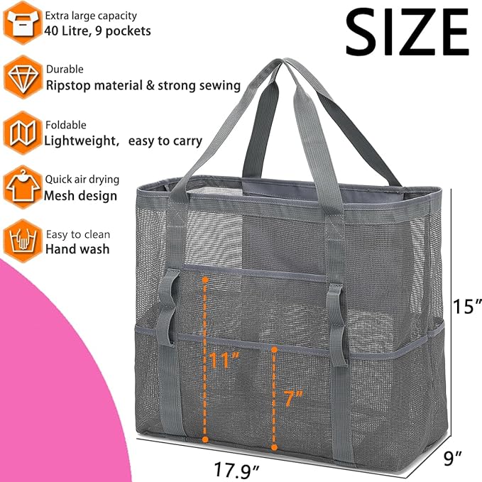 Fammart Mesh Beach Bag, Large Beach Tote with Zipper Pocket for Family Pool Bag for Toys & Vacation Essentials