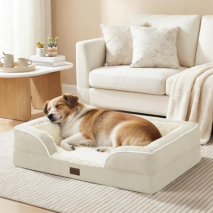 Casa Paw Orthopedic Dog Beds for Extra Large Sized Dogs, Waterproof Memory Foam XL Pet Bed with Sides 42x30Inch, Non-Slip and Egg-Crate Foam Big Dog Couch Bed with Removable Washable Cover, Beige
