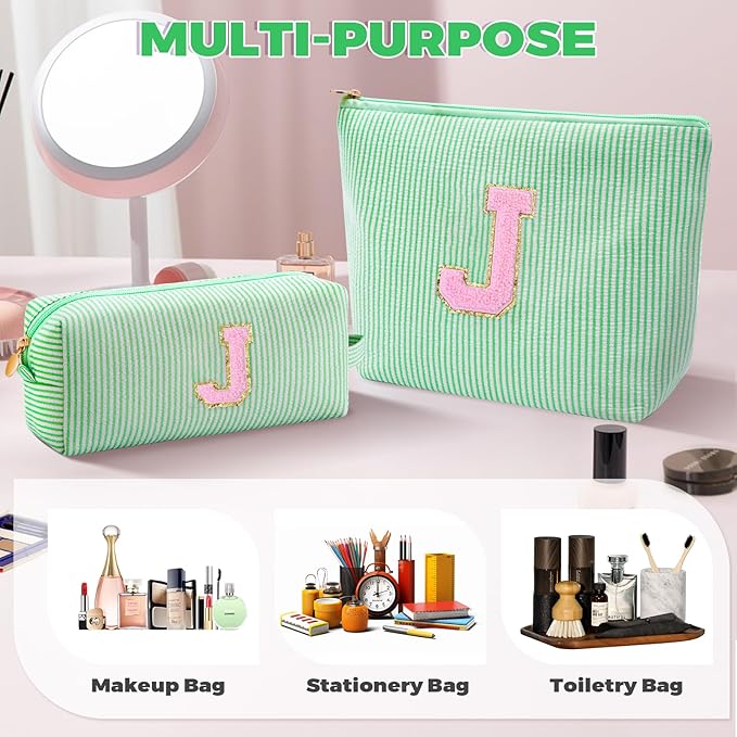 Btffitting Monogrammed Gifts for Women - Cosmetic Bag for Teen,Initial Cute Makeup Bag Set for Women,Trendy Pouch for Niece Sister Friend Female Her,Birthday Gifts for Daughter - Green,J