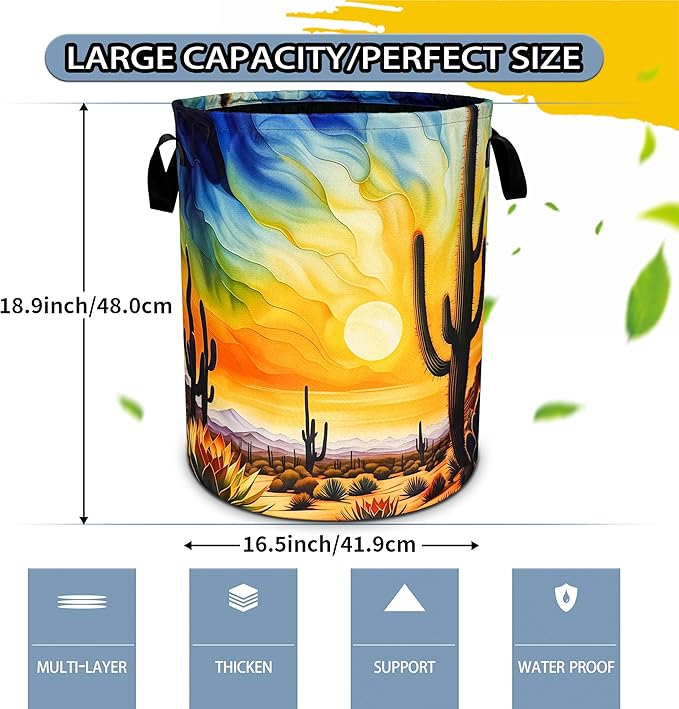 NUTAINLA Desert Cactus Laundry Basket Sunset Foldable Oxford Cloth Funny Tote Bag Laundry Hamper Clothes Storage Bucket Toy Organizer For Bathroom/Laundry Storage/Bedroom 18.9x16.5 Inch