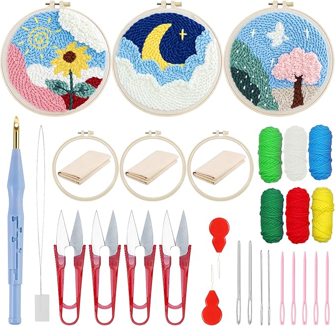 Woohome Punch Needle Kit Included Plastic Hoops, Punch Needle Cloth, Color Yarn and Punch Needle Tools for Adults, Beginners (Sunflower and Tree)