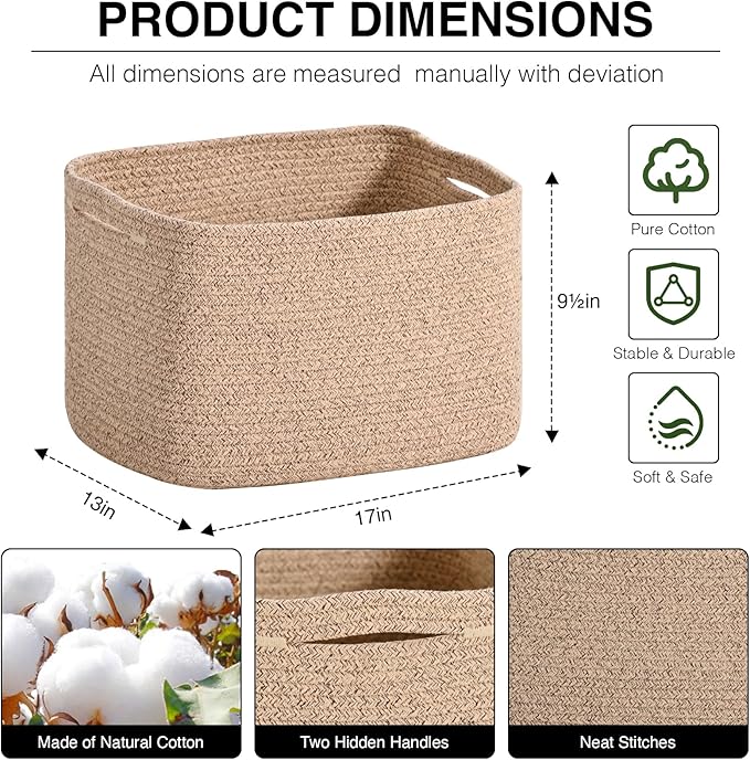 ICERZCZ Woven Cotton Rope Storage Basket for Organizing, Cute Decorative Baskets for Gifts Empty, Organizer Bins for Dog Toy, Baby Laundry, 17“×13”×9.5“, Brown