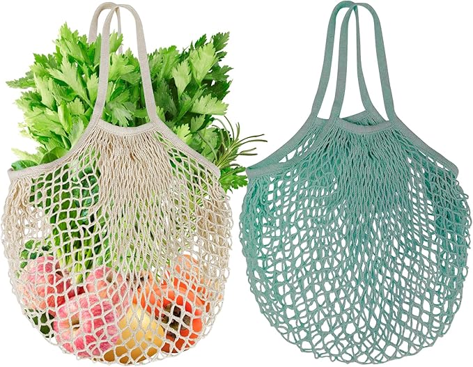 Mordx 2-Pack Reusable Mesh Grocery Bags, 100% Cotton String, Long Handle Produce Bags, Fruit & Veggie Storage