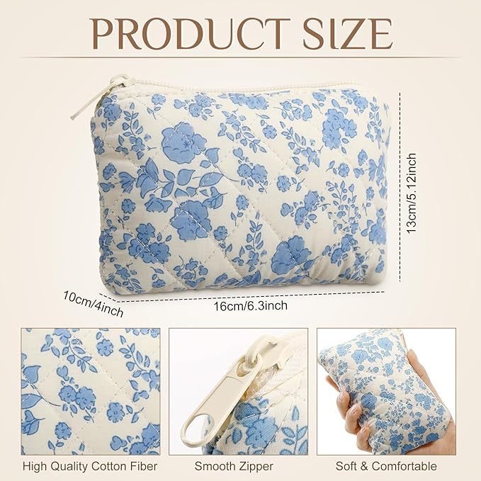 Paterr 10 Pcs Quilted Makeup Bag Bulk Cotton Floral Cosmetic Bag Women Girls Bridesmaid Gifts Cute Makeup Pouch Coquette Aesthetic Travel Toiletry Organizer(Bow Floral,6.30 x 3.94 Inches)