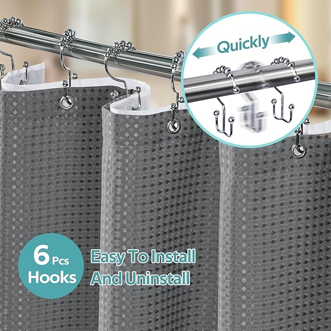 Vipfree 3 in 1 Shower Curtain Set, Waffle Shower Curtain and Liner Set with 6 Double Sided Shower Curtain Hooks, 258GSM Luxury Weighted Cloth Shower Curtains for Bathroom, 36 W x 72 H, Grey