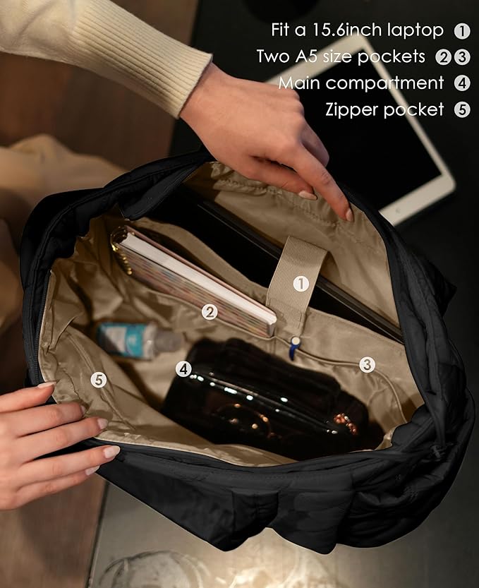Uselike Tote Bag for Women, Lightweight Puffer Tote Work Bags with Compartments for Travel, Quilted Shoulder Bag with Zipper